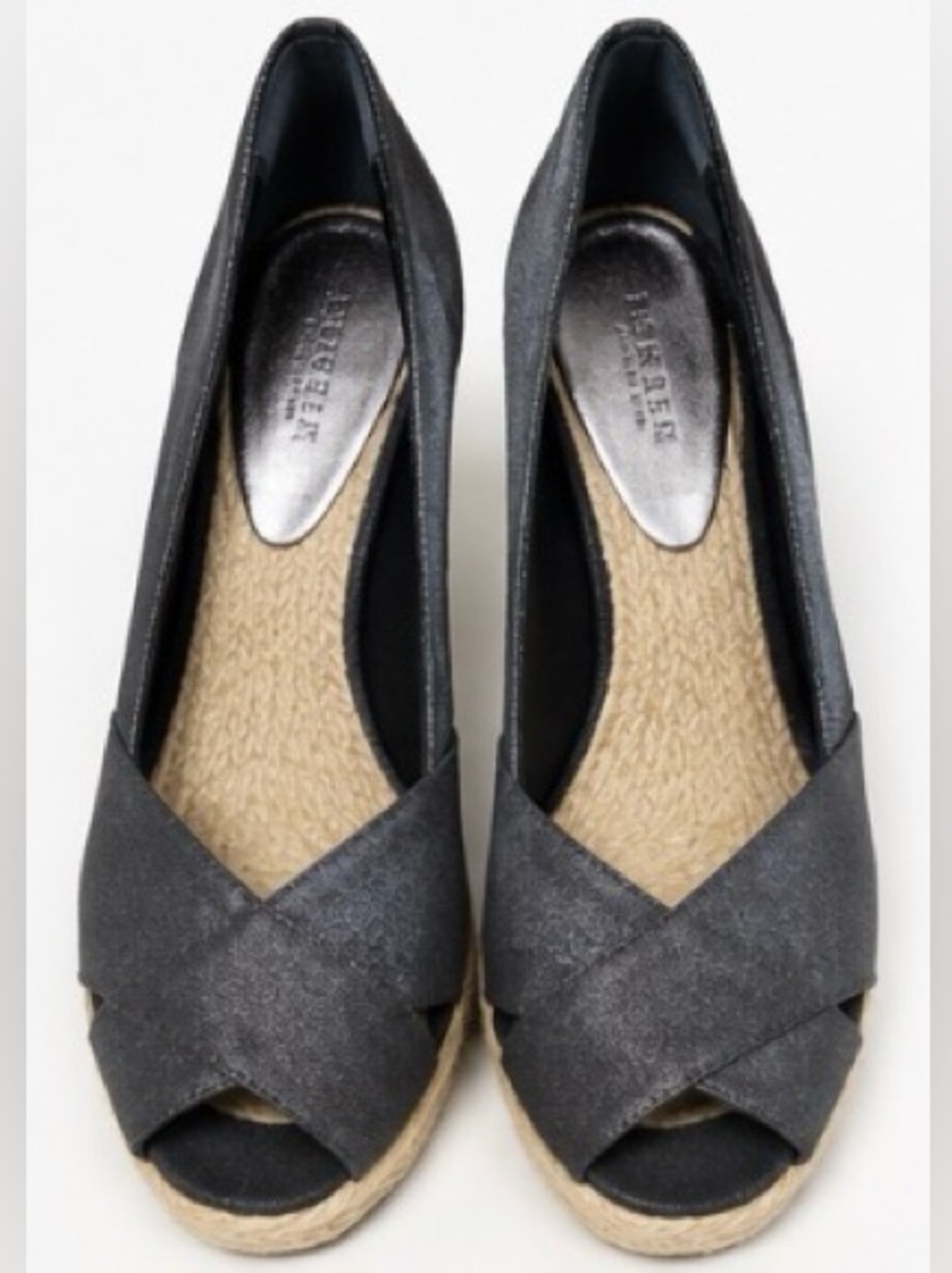 [Lauren Ralph Lauren] Cecilia Dark Gray Satin Espadrille Wedge Peep Shoes Sz: 7